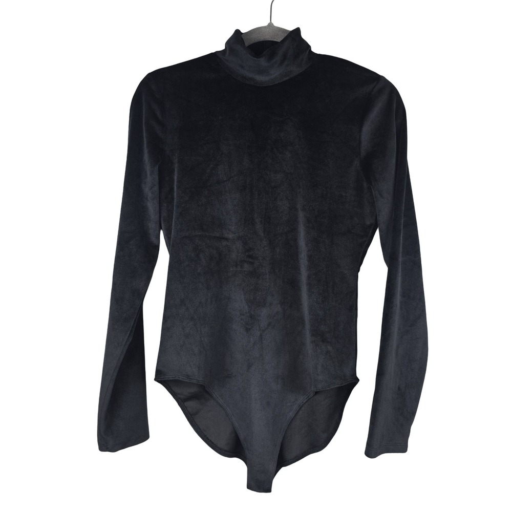 American Eagle Bodysuit Women Large Black Velvet Mockneck Long Sleeve Zip NWT